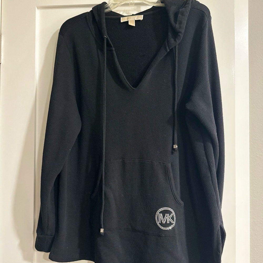 Michael Kors Black Hooded Sweater with Crystal MK Emblem